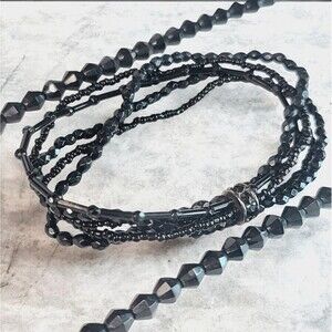 Vintage Bohemian Black Beaded Rhinestone Bracelet Necklace Set